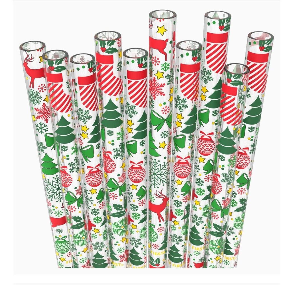 10 Reusable Hard Plastic Straws, Christmas Trees Print+ Cleaning Brush